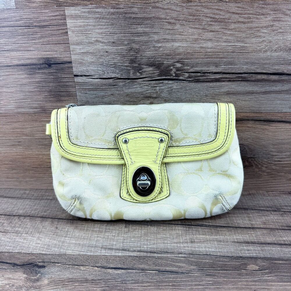 Coach Signature Yellow Canvas Leather Trim Turnlock Wristlet - Coin Wall…